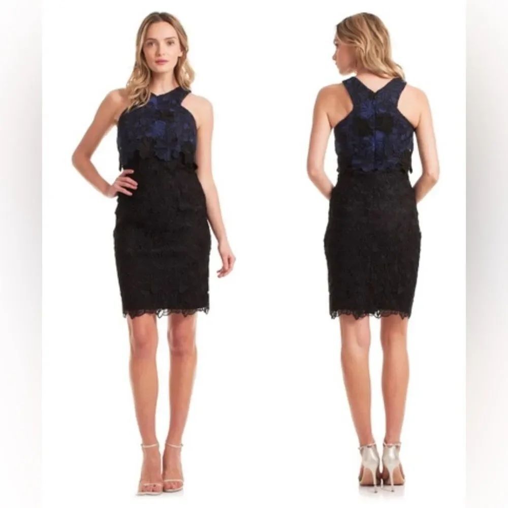 NWT TRINA TURKâ"Miranda" Black & Cobalt Blue Guipure Lace Cocktail Dress